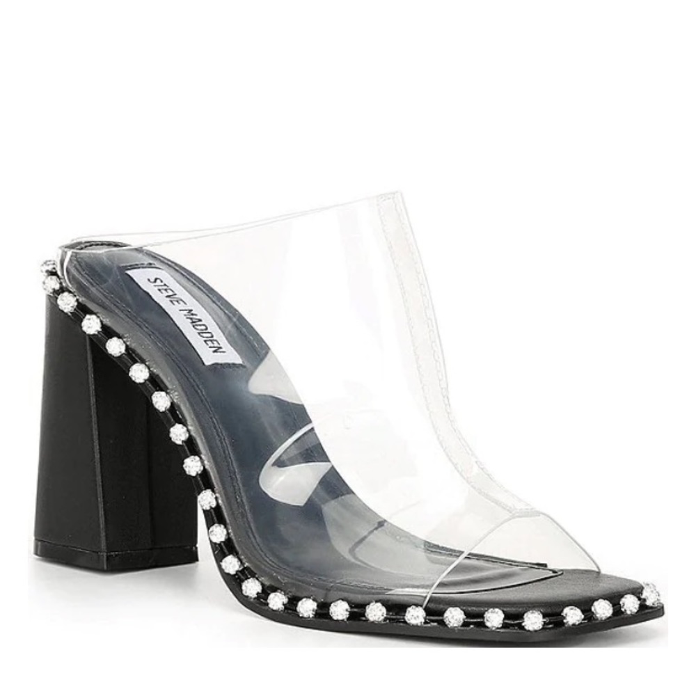 Steve Madden Neila Rhinestone Detail Clear Block Heel Dress Mules
